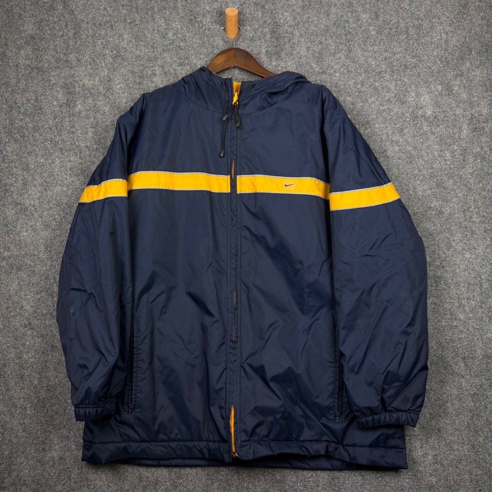Nike Windbreaker Jacket Mens XL Blue Yellow Hooded Full Zip Puffer Lined Vintage